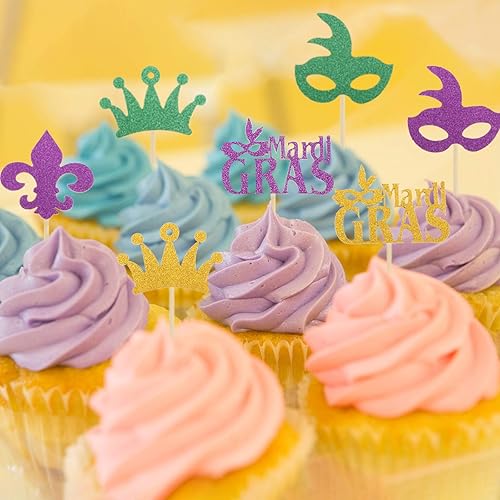 Miniatura 6 de 48 piezas con purpurina Mardi Gras para cupcakes para mascarada, decoración de fiesta de cumpleaños