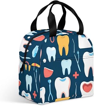 Large Capacity Meal Bag, Portable Travel Lunch Bag, Teeth Dental Seamless Pattern Thermal Insulation Bags