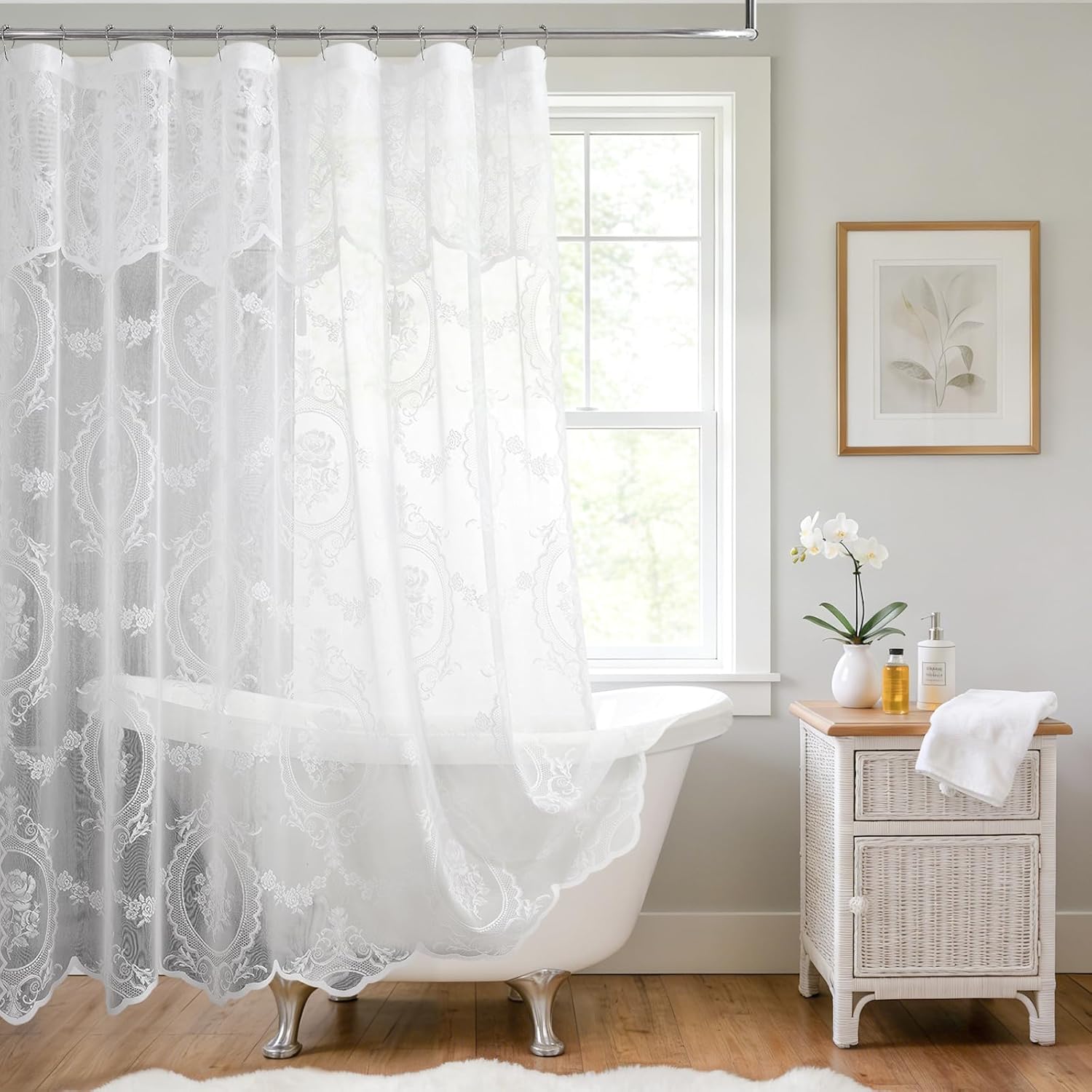 White Lace Shower Curtain with Valance and Tassel, Shabby Chic Romantic Floral Sheer Shower Curtain, Vintage Scalloped Edge Decorative Bathroom Curtain for Girls & Women, 72" W x 72" L