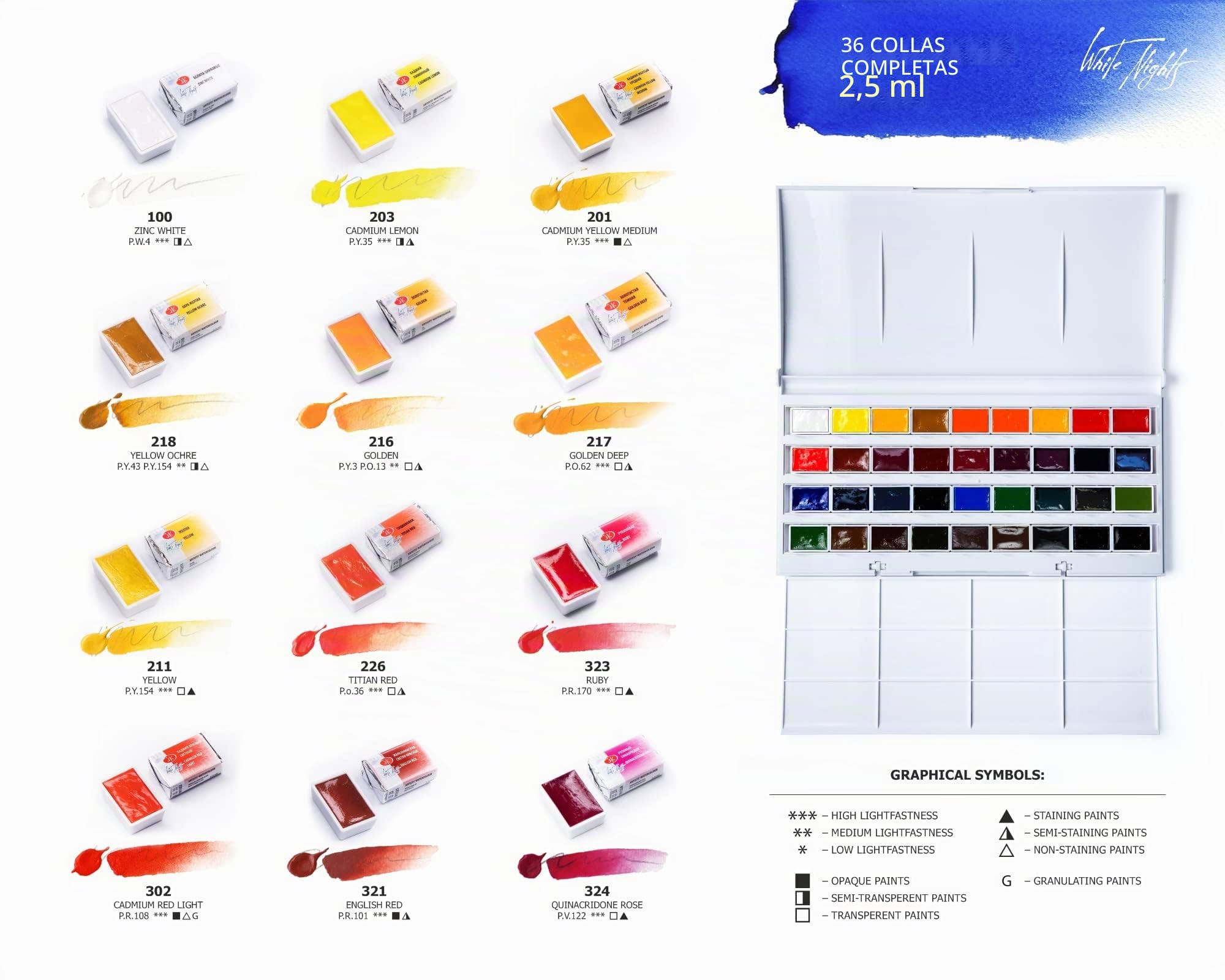 White Night Artists Watercolour Set 36 Whole Pans, Plastic Box
