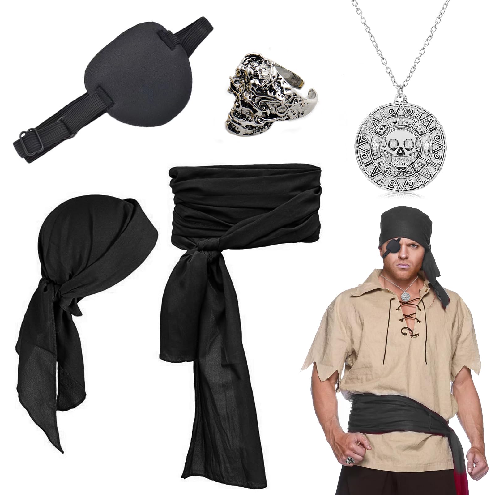 Accessori Pirata, Accessori Costume da Pirata, Set di Accessori per Costumi da Pirata, Accessori Pirata Uomo, per Feste Caraibiche, Halloween, Carnevale, Travestimento, Cosplay