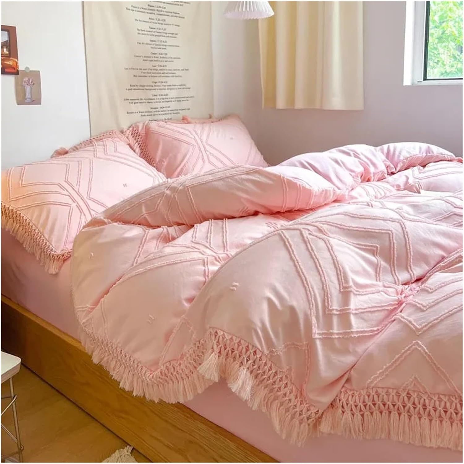 Solid Color White Grey Farmhouse Cotton Bedding Set Tassel Fringe Duvet Cover Twin Queen King Bed Sheet Pillowcases,Bed