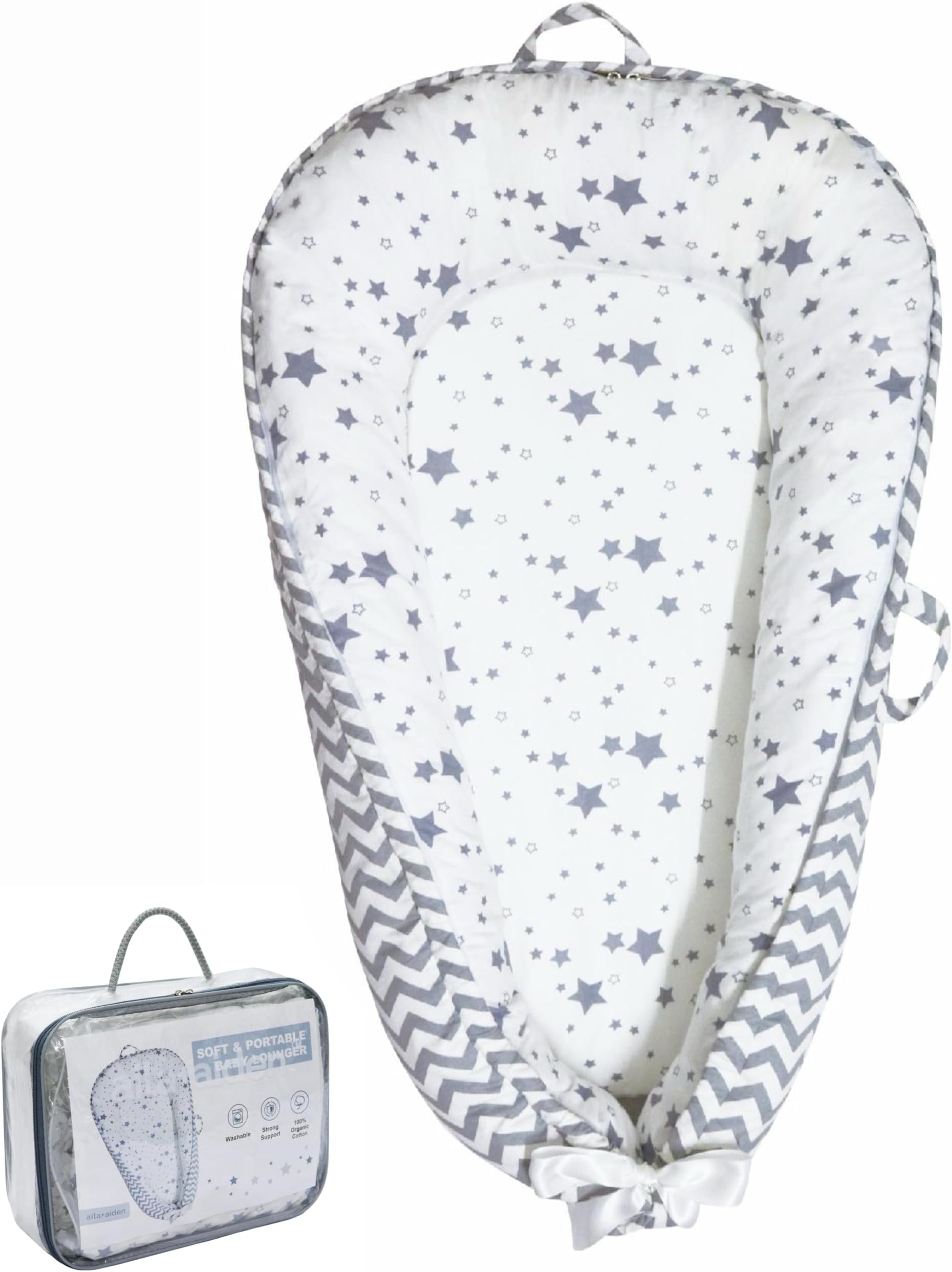 Baby Lounger | Organic Cotton Infant Lounger | Reversible, Adjustable & Portable Floor Lounger |Supervised Use | Soft, Breathable, Washable Cover - Star Collection (Gray)