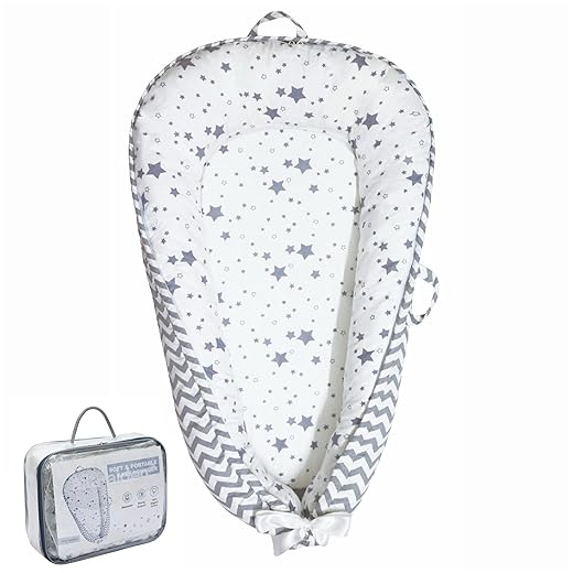 Aila+Aiden Baby Nest, Baby Lounger, Organic Cotton Lounger for Baby, Reversible Breathable Adjustable Portable - Star Collection (Gray)