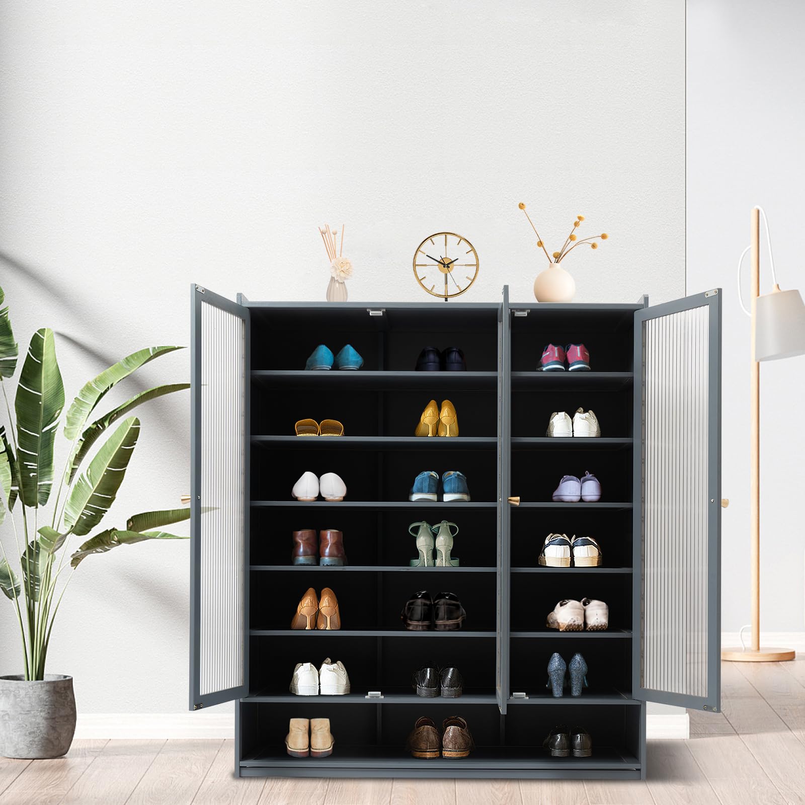 LUNUMAOS Shoe Storage Cabinet Organizer 8 Shelf 3-Door Modern Desgin Haze Blue Adjustable Rectangular Wooden Entryway Door Free Standing Rack for Home