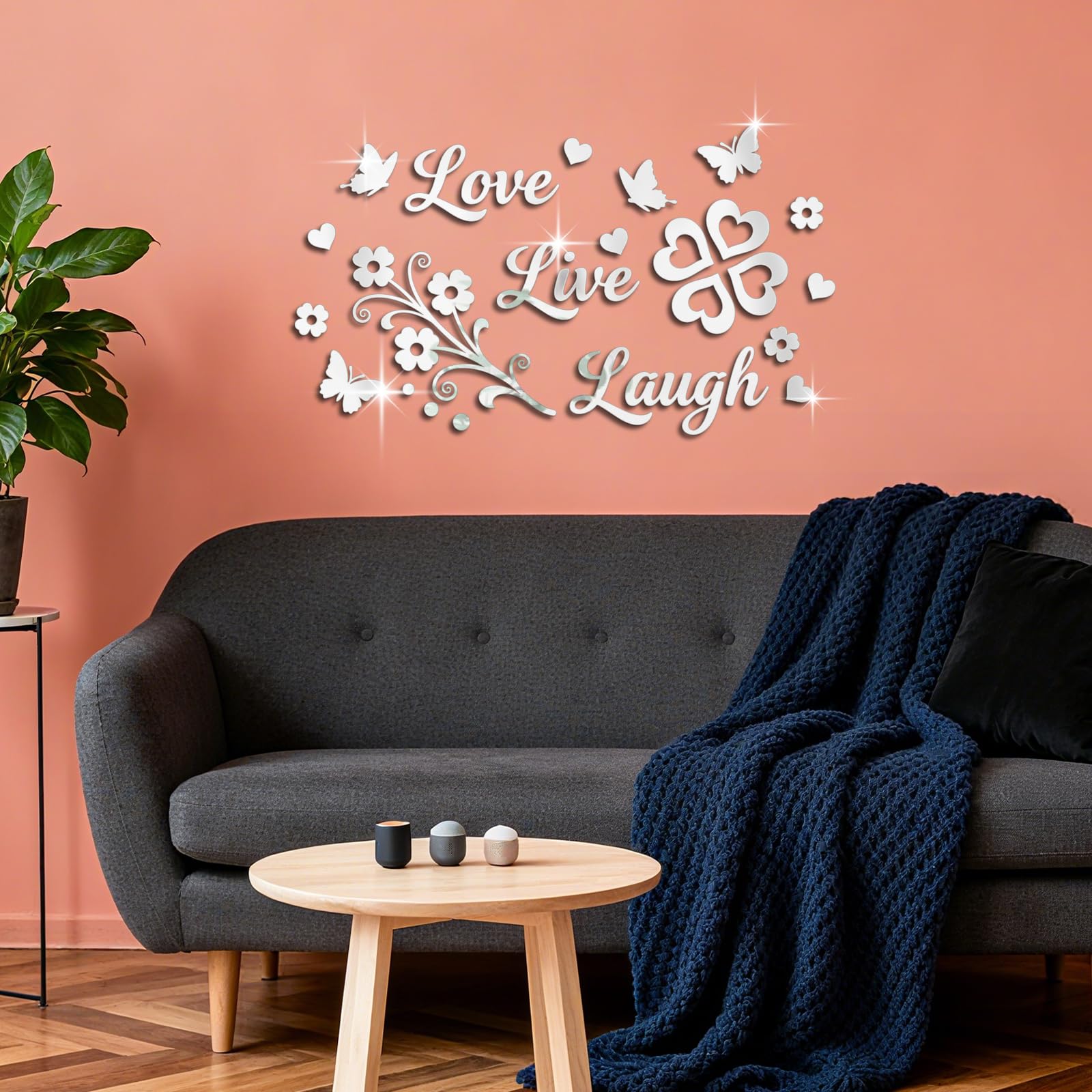 GLOBLELAND Silver Hearts Flowers Acrylic Mirror Wall Stickers 11.81x7.87inch 2 mm Thick Love 3D Self-Adhesive Acrylic Mirror Wall Decals for Bedroom Bathroom Living Room