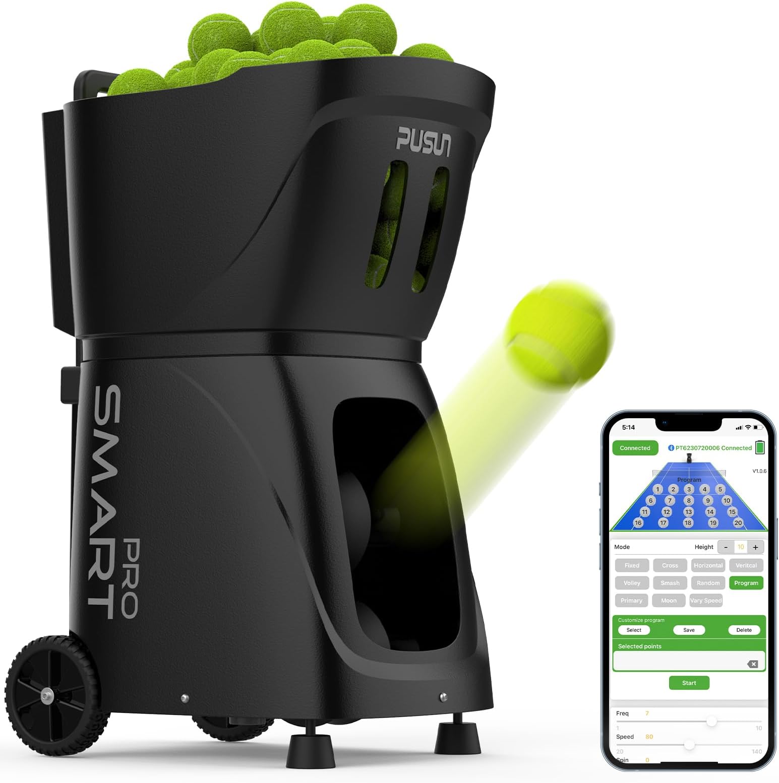 PT-Smart PRO Tennis Ball Machine with Apple Watch/APP/Remote Control, 12 Spin Modes, 110-Ball Capacity, Portable Ball Launcher, 6-Hour Battery for Tennis Training, Beginners & Pros