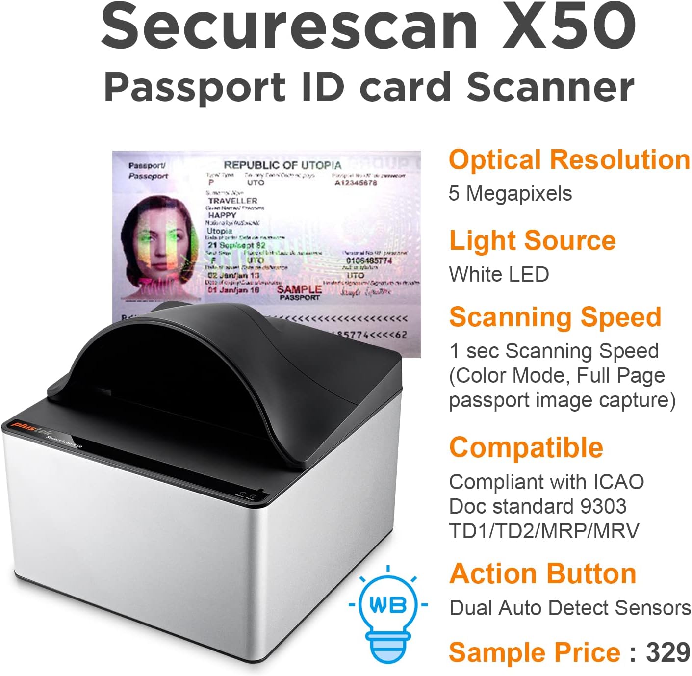 Plustek SecureScan X50 - Passport and ID Card Scanner, Auto-Detect and Scan in 1 Sec Support ICAO Doc 9303 Standards. for Windows only
