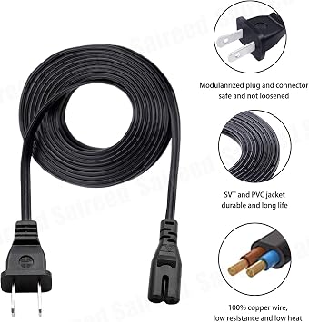 2 Prong Power Cord Replacement for Sony PlayStation 3 PS3 CECH-4001B CECH-4301A CECH-4201B CECH2001A CECH-2501A CECH-3001A 8Ft Power Cord AC Cable