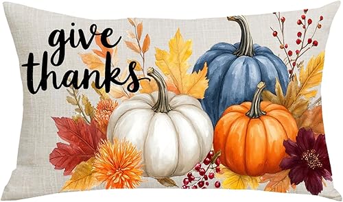 Give Thanks - Funda de almohada decorativa de algodón y lino, color azul, blanco, marrón, calabaza, cosecha, otoño, Acción de Gracias, hogar, sofá,