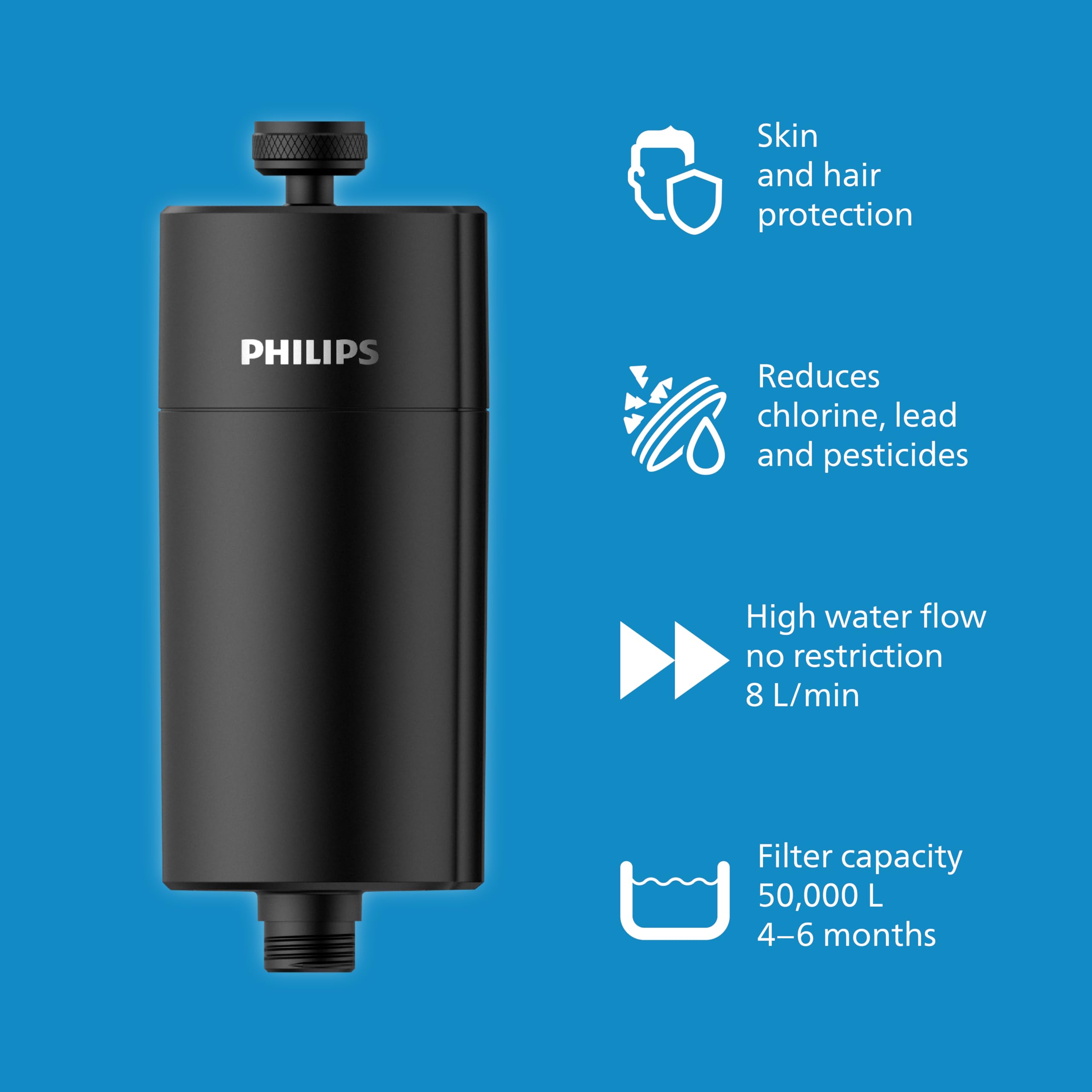 Philips Water in-Line Shower Filter, 50 000 L Filtration Capacity, Black, Reduces Chlorine by up to 99%, Easy to Install - Image 2
