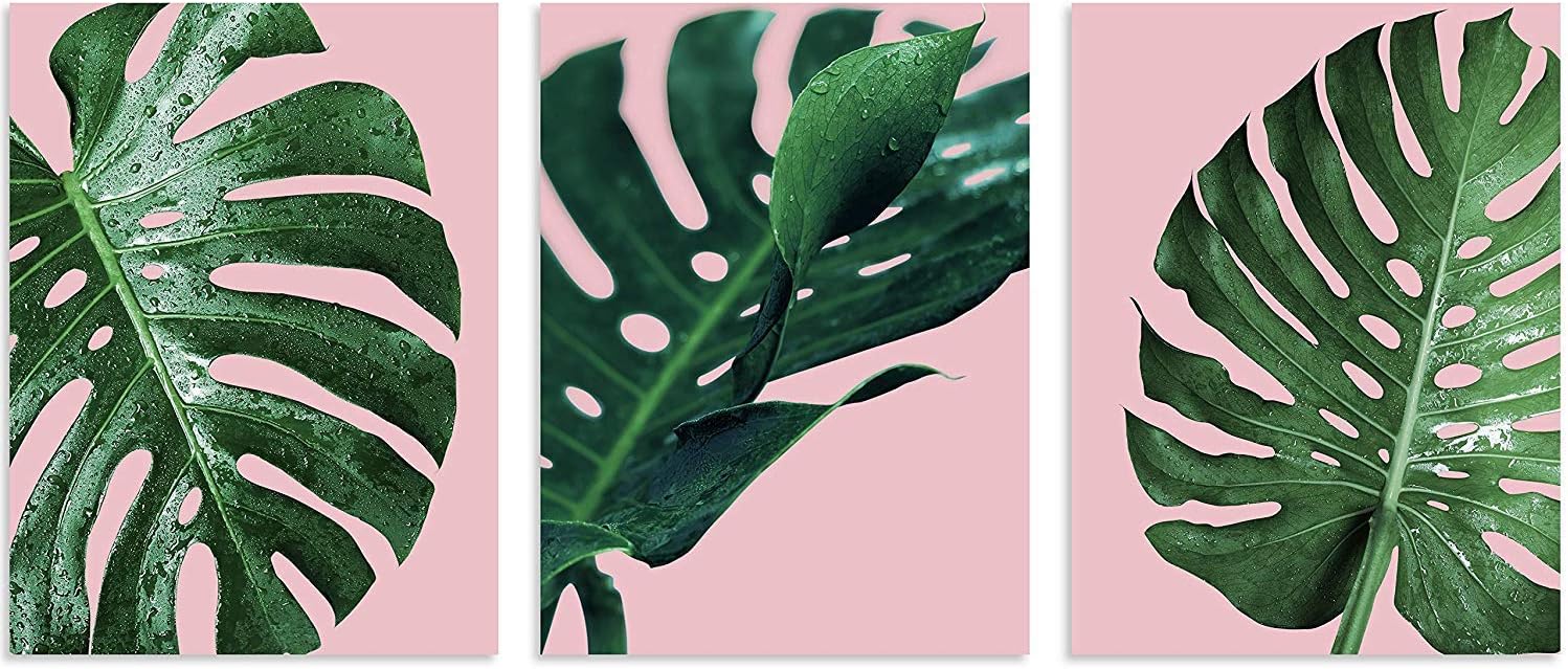 TutuBeer Plant Wall Art Plant Tropical Leaves and Water at Pink Background Tropical Wall Decor Green Pink Leaves Wall Art 12" x 16" x 3 Pieces Canvas Pictures Artwork Ready to Hang for Home Decor