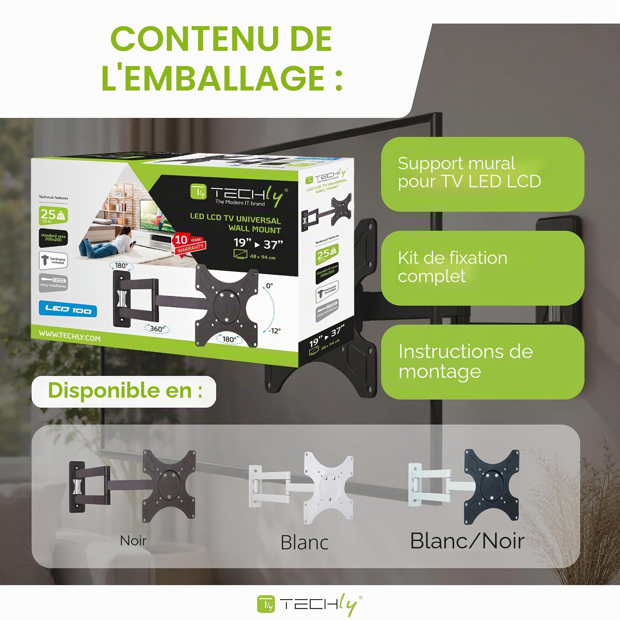 Techly ICA-LCD 2903WH Support Mural métallique pour écran Plat de 75 x 75,100 x 100,200 x 100, 200 x 200 mm Blanc 0-12° 94 cm
