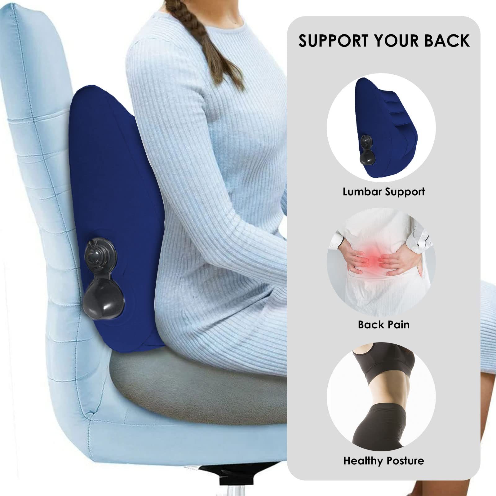 SOONHUA Cuscini da viaggio gonfiabili in memory foam, supporto per la schiena, per il supporto per collo e lombare, auto, aereo, escursionismo, zaino in spalla, premere per gonfiare