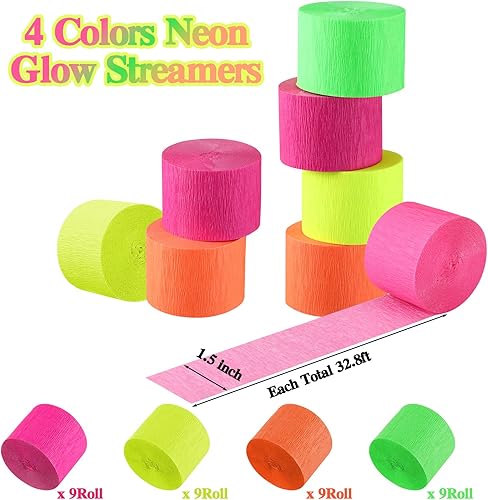 Miniatura 2 de Outus 1181 pies que brillan en la oscuridad, 36 rollos de papel crepé brillante, luz de fondo UV, serpentina de papel fluorescente reactivo para