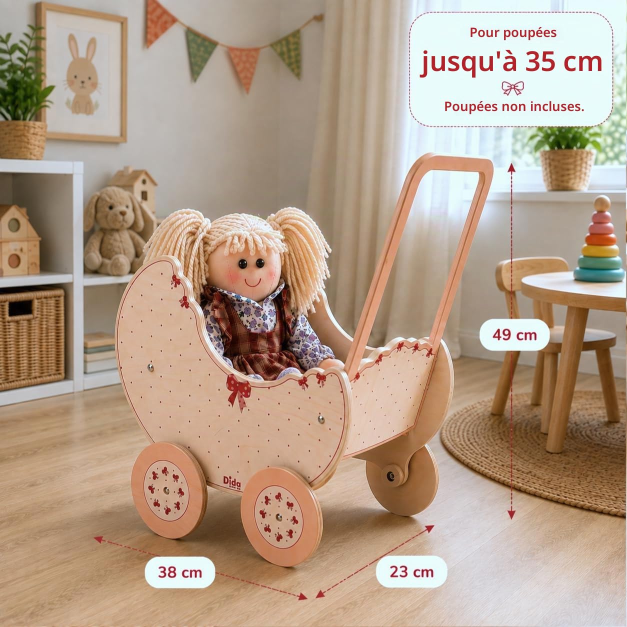 Dida - Landau en Bois pour Poupées Fiocco, Poussette pour Poupées jusqu'à 35 cm, Jeu de Rôle pour Enfants de 2 à 4 Ans, Parfait pour Petites Mamans et Papas, de Haute Qualité