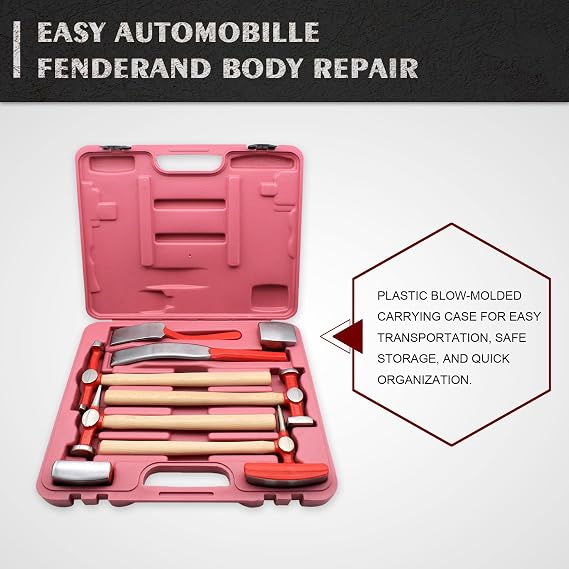 9 piece auto Body Repair Tool, Carbon Steel Body Fender Tool, Body Hammer dent Body car Body Repair Tool kit, Genuine Hickory Handle Steel Dolly Set, Heavy Duty Performance Tool