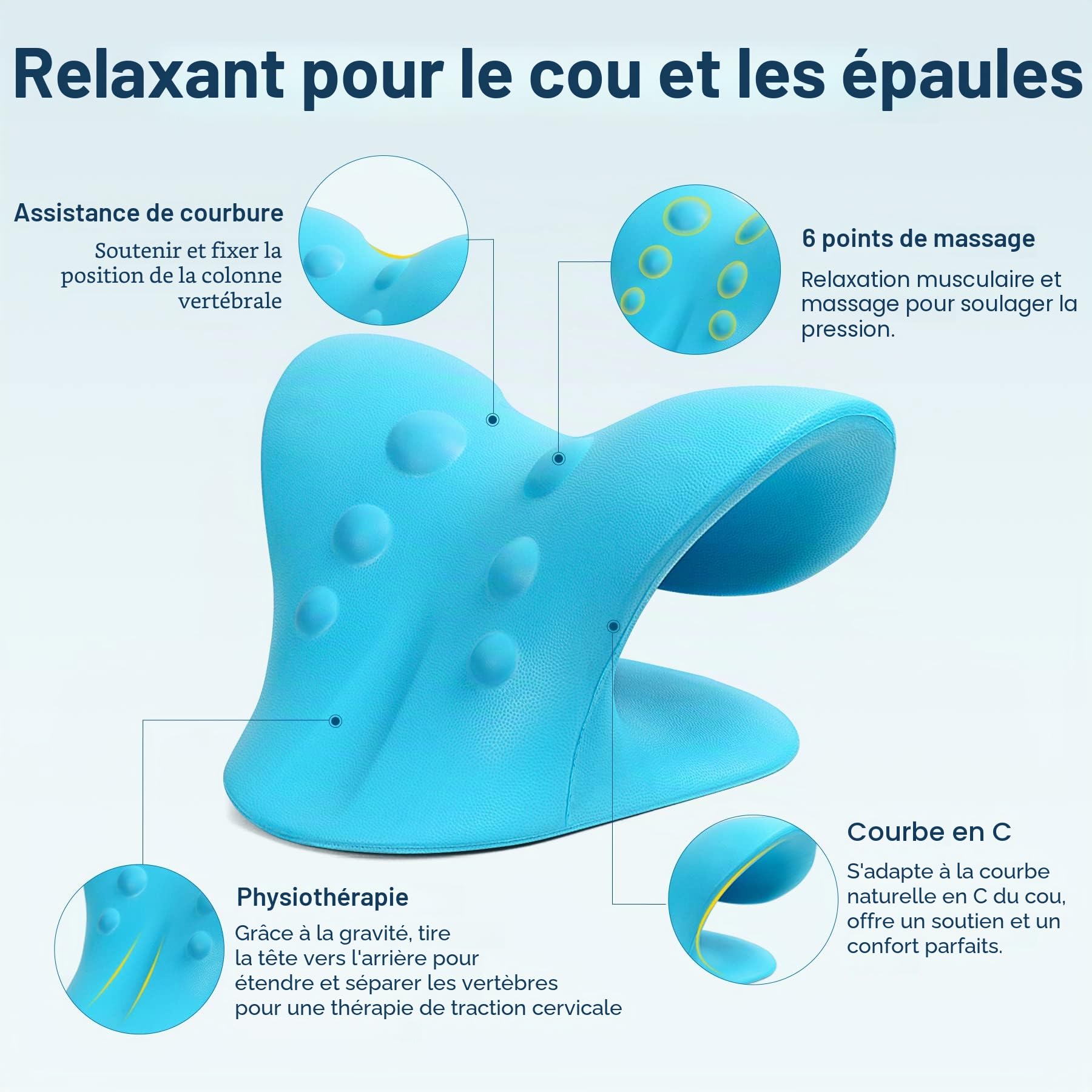 Étireur de cou, relaxant pour le cou et les épaules, pour soulager la douleur, dispositif de traction cervicale, oreiller pour relaxation musculaire et soulagement de la douleur TMJ (bleu)