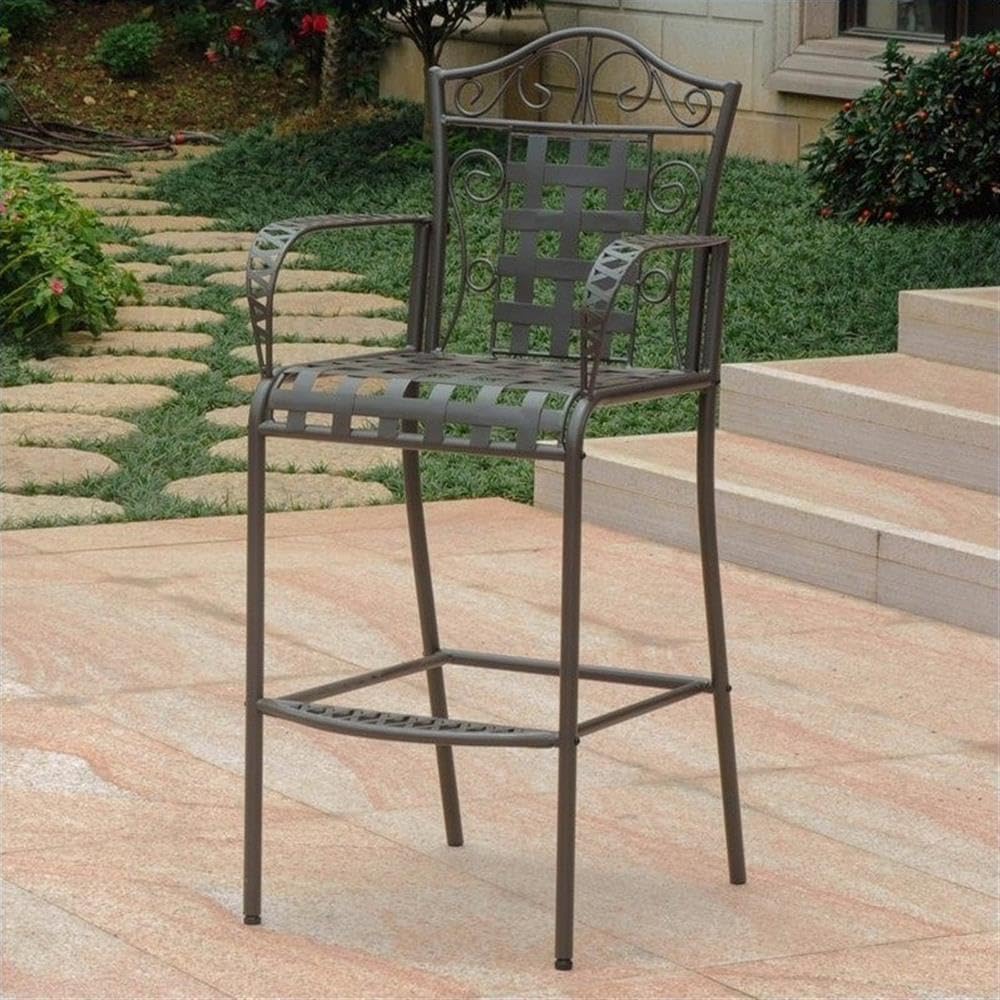 Pemberly Row 30" Patio Bar Stool Set, Powder Coated Iron, Antique Black Finish, 2-Pack, Water Resistant, UV Protected, High Back, Deep Seat, Armrest, Footrest, Outdoor or Indoor Bar Seating