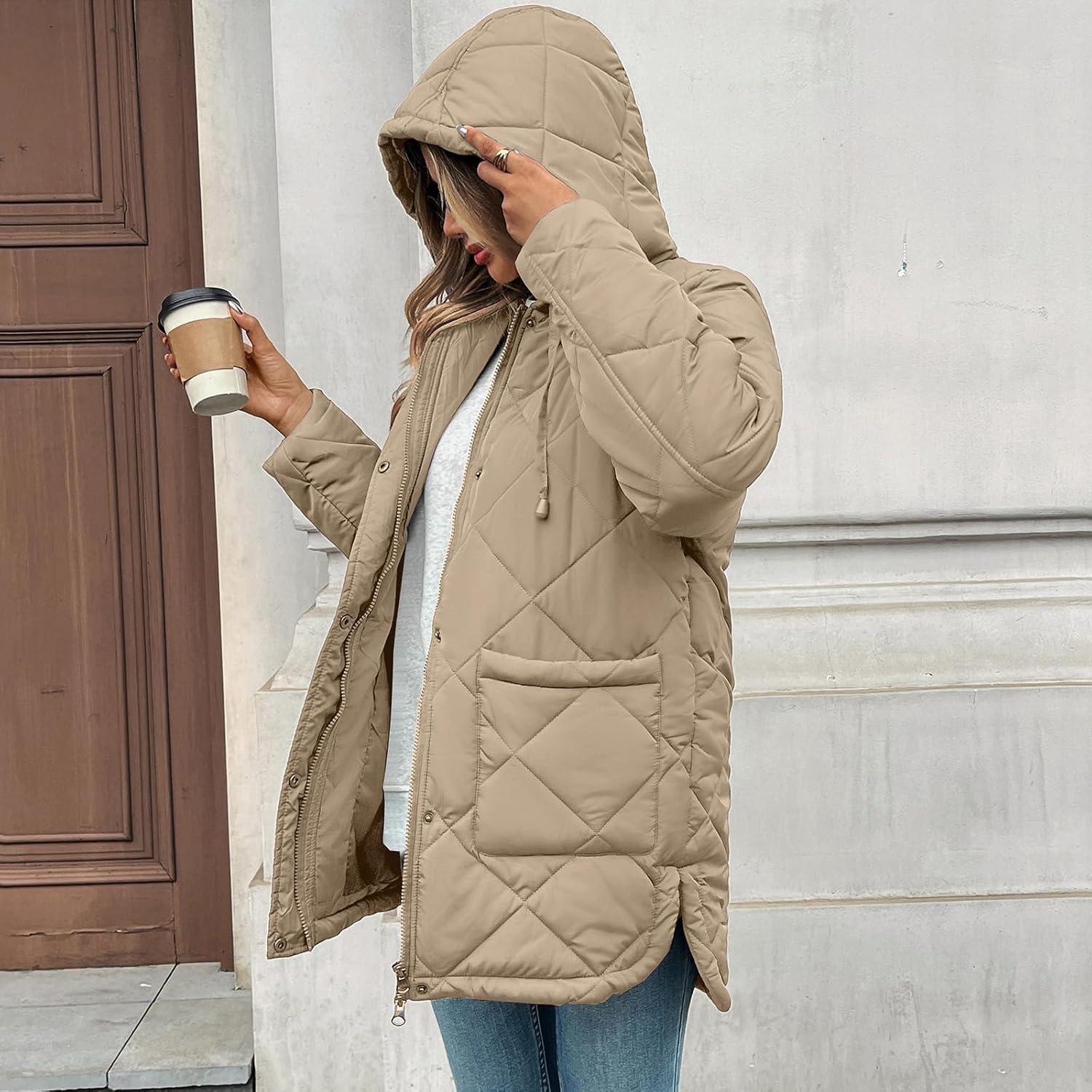 HOTIAN Womens Quilted Puffer Jackets Hooded Long Sleeve Full Zipper Casual Winter Lightweight Diamond Coats with Pockets - Image 3