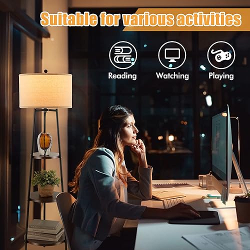 Miniatura 7 de Giantex Lámpara de pie con estantes de 3 niveles, moderna lámpara de pie de esquina con pantalla de lino beige, lámpara de pie industrial de 60