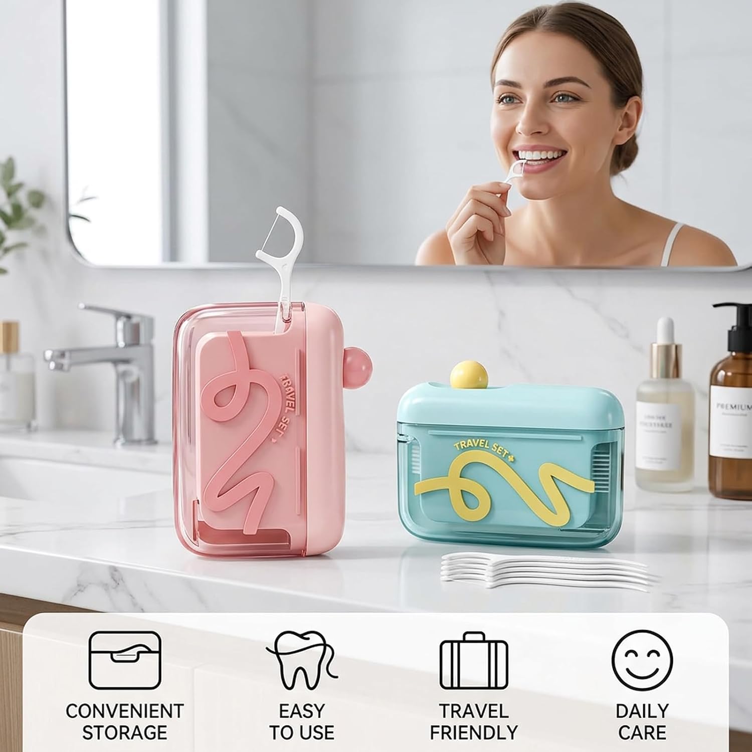 2 Pack Automatic Pop-up Portable Floss Dispenser with 100 Dental Floss Picks, Refillable Tooth Pick Holder Dispenser for Home, Restaurant, Travelling Hotels Dinners