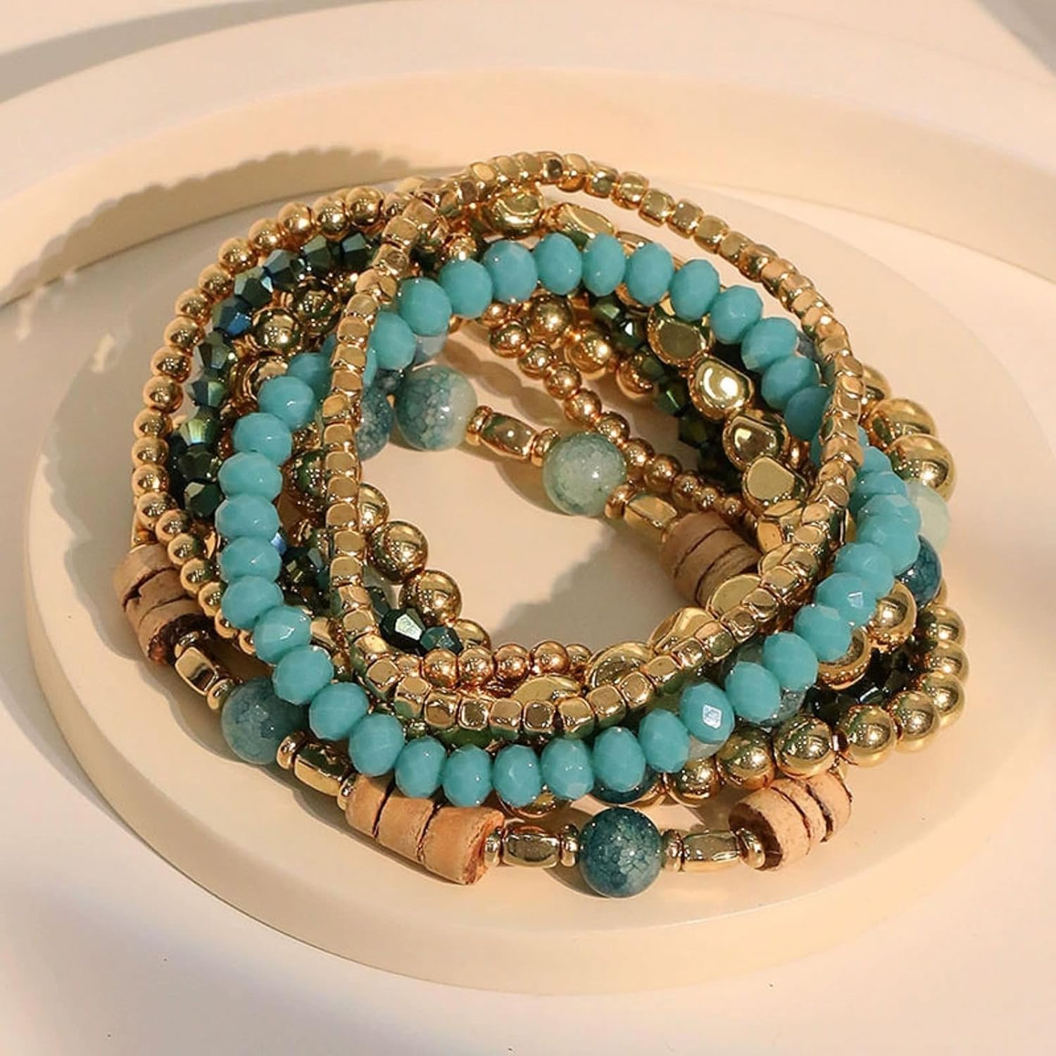 Bohemian Stackable Beaded Bracelets for Women Wood Crystal Resin Bracelet Set Handmade Stretch Layered Bracelets Boho Beach Fashion Jewelry Gift