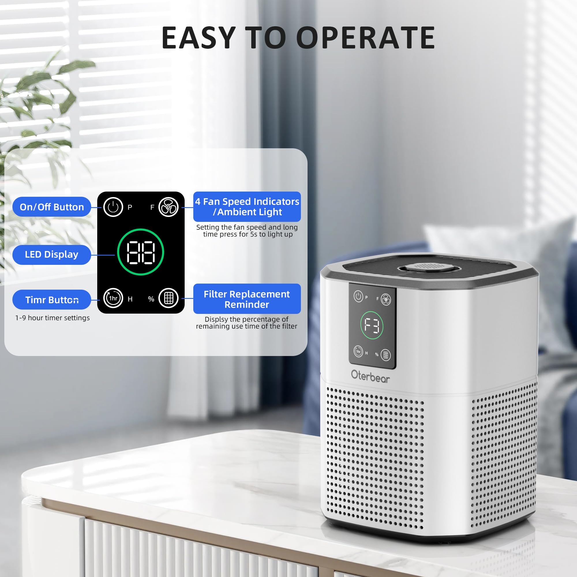 Oczyszczacze powietrza do sypialni, filtr powietrza HEPA Oterbear H13-360°, 3 stopnie filtracji, funkcja oświetlenia nocnego i aromaterapii, przenośny oczyszczacz powietrza,
