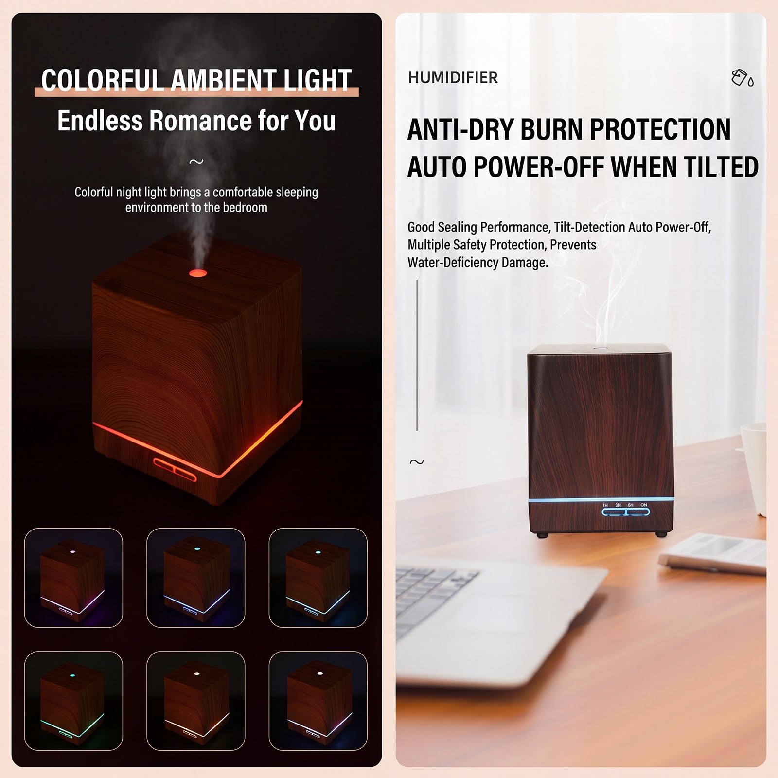 Diffusore Di Oli Essenziali Umidificatore Con for Uso Interno Domestico | Nebbia Fredda Con Timer Remoto Spegnimento Automatico 2 Modalità Di Nebbia For La Scrivania Dell'ufficio(Light wood grain)