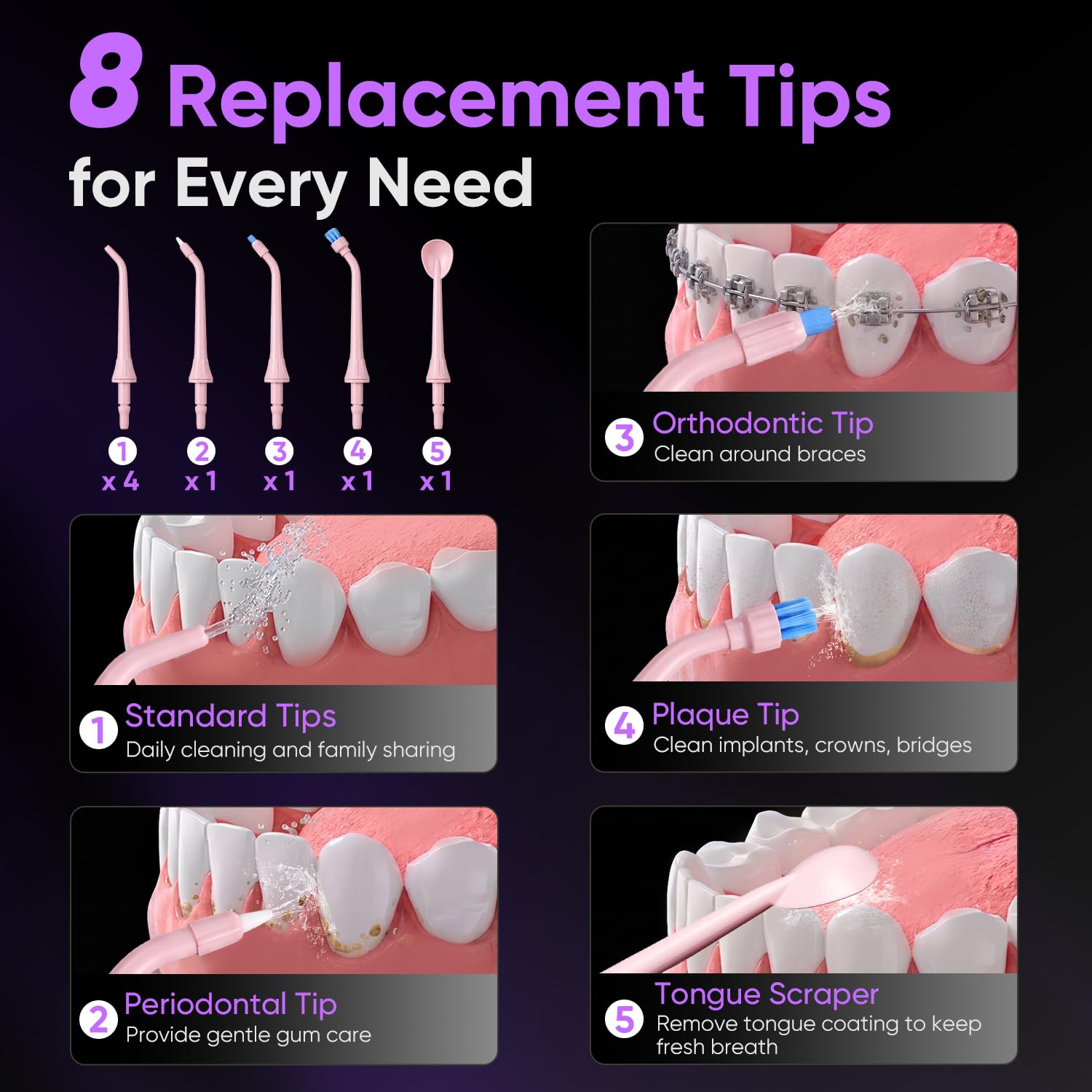 MySmile LP211 - Idropulsore senza fili, portatile, ricaricabile, per la pulizia dei denti, 5 modalità di pulizia, impermeabile IPX7, 8 punte di ricambio e una custodia (rosa succoso)