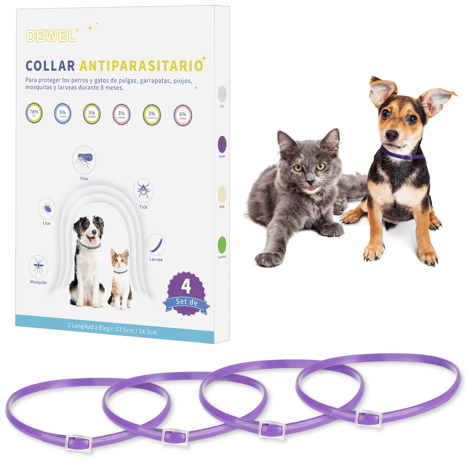 DEWEL Collares Antiparasitarios, Collares contra Pulgas y Garrapatas para Perros y Gatos, Collares Antipulgas Ajustable para Mascotas (Morado, 34.5 cm)