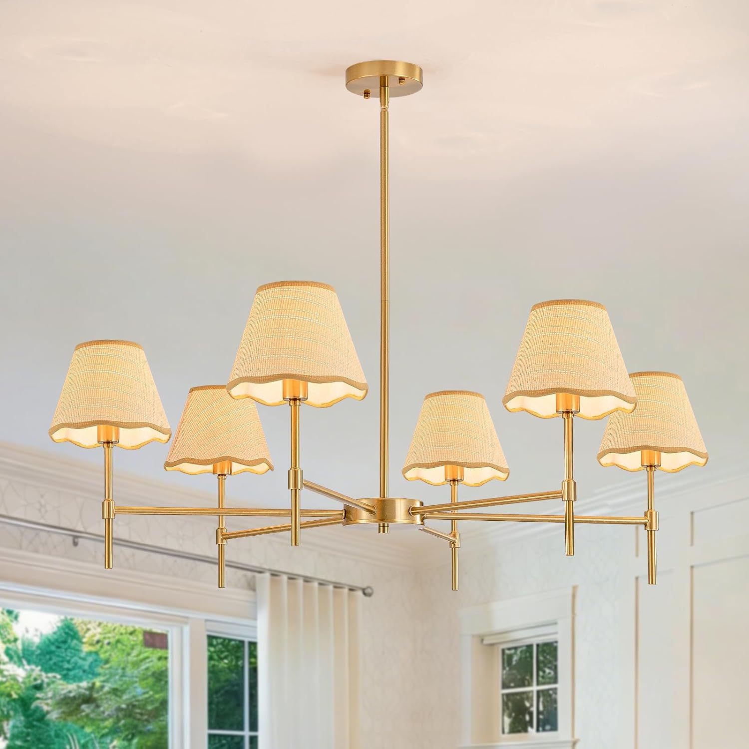 T&A TALENT AND ART 6-Light Rattan Chandelier 38.98" Brush Gold Chandelier Large Boho Farmhouse Wicker Chandeliers with Hand-Woven Lampshade for Kitchen Island Dining Living Room Foyer