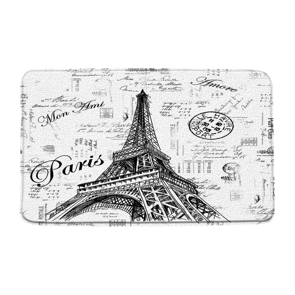 KDYDK Eiffel Tower Bath Mat Retro Hand-Painted Postmark Seal Paris City Architectural Cultural Landmark Pattern Memory Foam Bathroom Rug Indoor Carpet Doormat