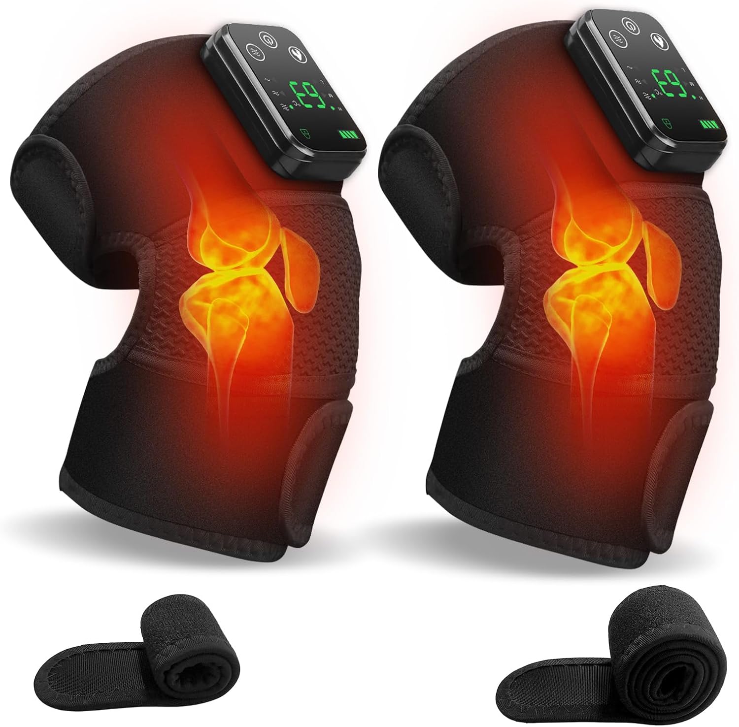 Cordless Knee Massager with Heat and Vibration for Pain Relief - Electric Heated Knee Brace Wrap with 3 Heat Levels & 3 Massage Modes, Portable Arthritis Joint Therapy for Men & Women (Black,Pair)