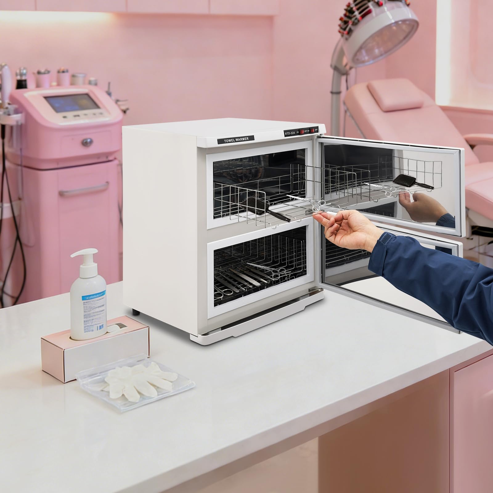 Calentador de toallas de 36 L, 2 puertas, con esterilización UV | Toallero desinfectante de gran capacidad, toallero con bandeja recogedora y asas, calentador de toallas para hotel