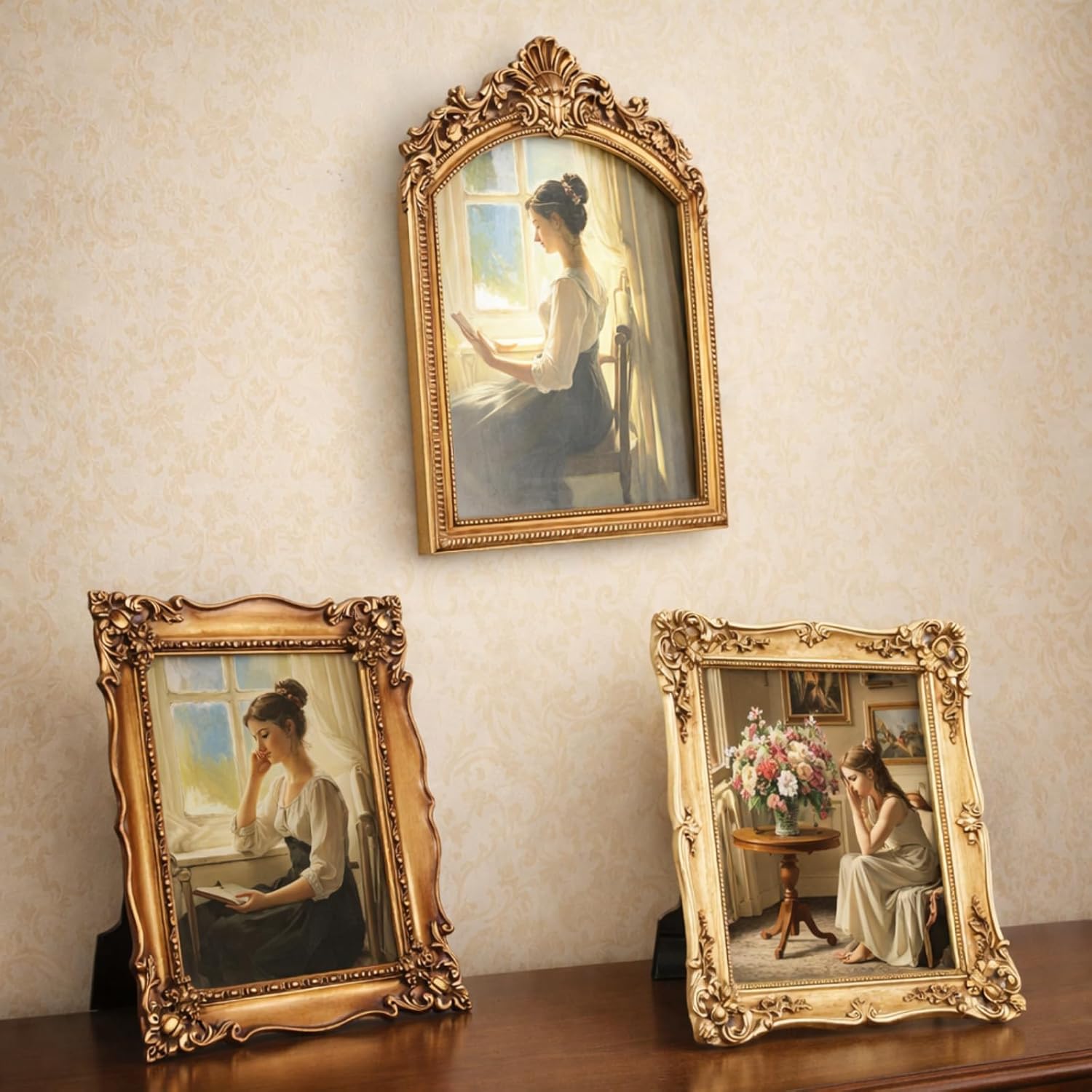 3 Pack Vintage Picture Frames, 8x10 Inch Gold Bronze Elegant Antique Photo Frames with Glass Front for Tabletop and Wall Mount Retro Home Decor Gallery Wall Art