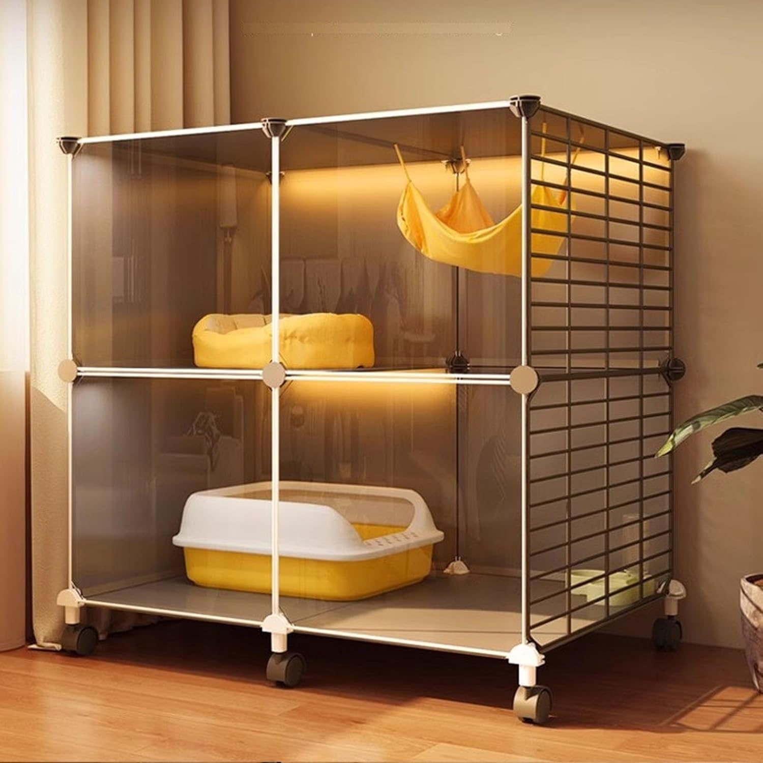 Cat Cage, Indoor Large Tier with Wheels, HD Clear Fence and Sturdy Metal Grid, Mobile Cats Playpen, Free Space Cats House for Cottage