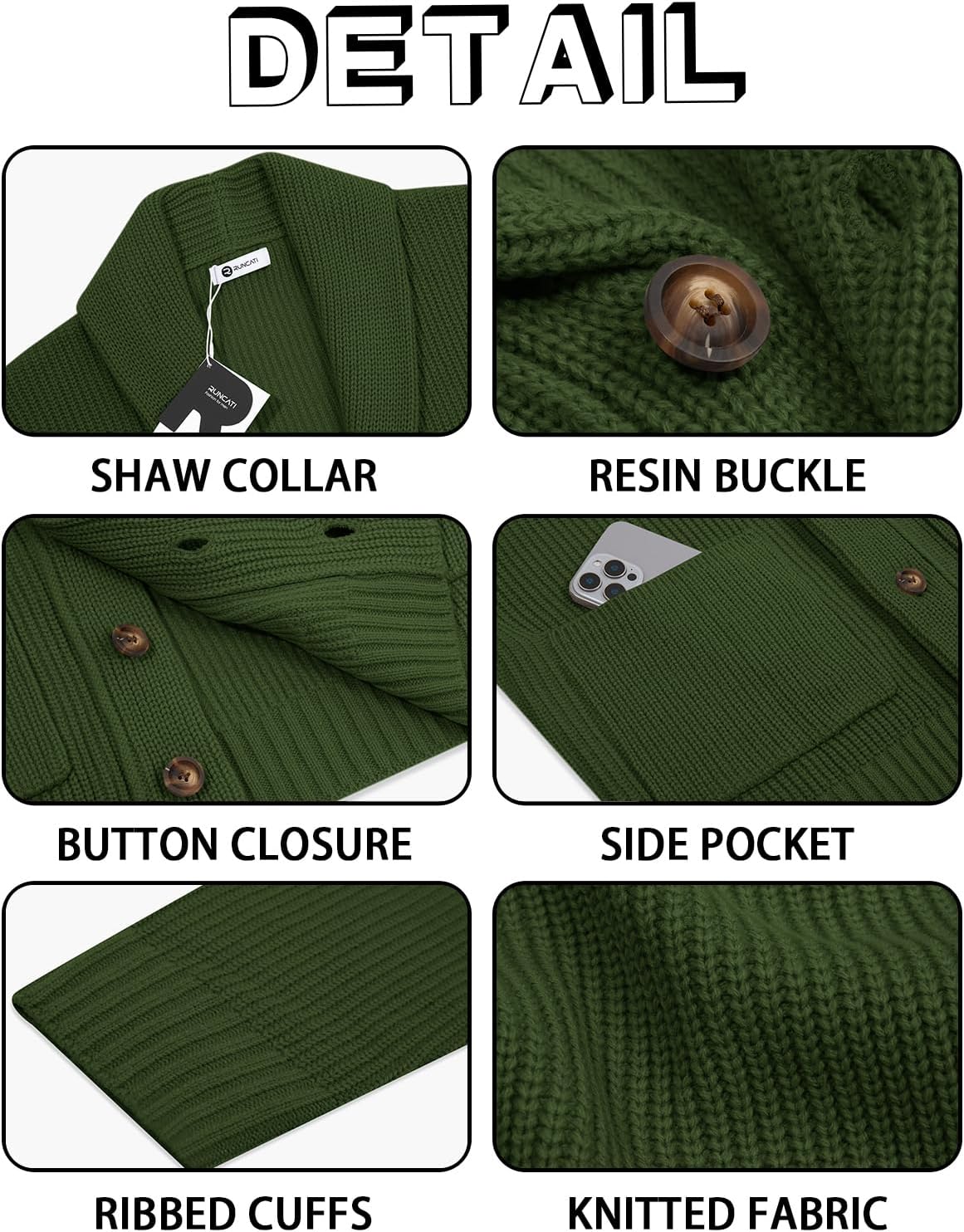 Runcati Mens Shawl Collar Cardigan Sweater Button Down Ribbed Knit Sweaters Chunky Casual Cardigan with Pockets