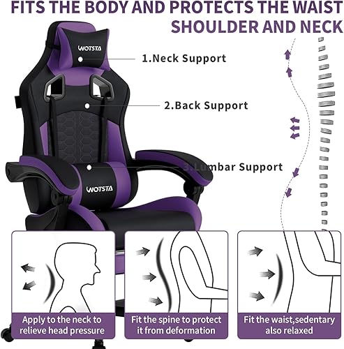 Miniatura 6 de Silla de juegos con masaje, silla ergonómica para juegos de PC con reposapiés, cómodo reposacabezas y soporte lumbar, silla de juego de respaldo