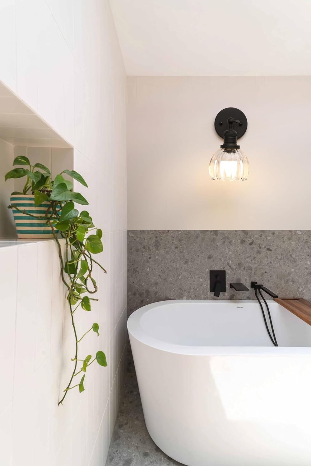 Phansthy Vintage Battery Operated Wall Sconce with Transparent Tulip Glass Lampshade, USB Rechargeable Battery Powered Wall Light with 12 RGB Remote Control for Bedside Bedroom Doorway (Black)