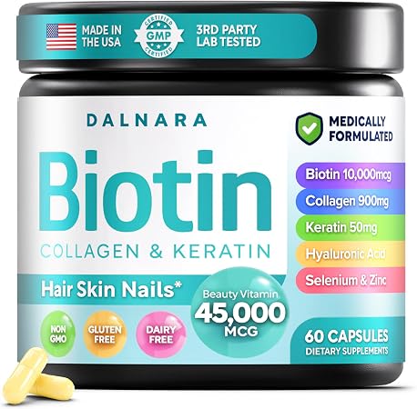Biotin Collagen & Keratin – Hair, Skin & Nails Vitamins, 45, 000 MCG Vitamin Complex (A, B1, B2, B3, B6, B7, C & E)–Biotin for Hair Growth for Women & Men, Hair Vitamins-60 Capsules–Made in USA