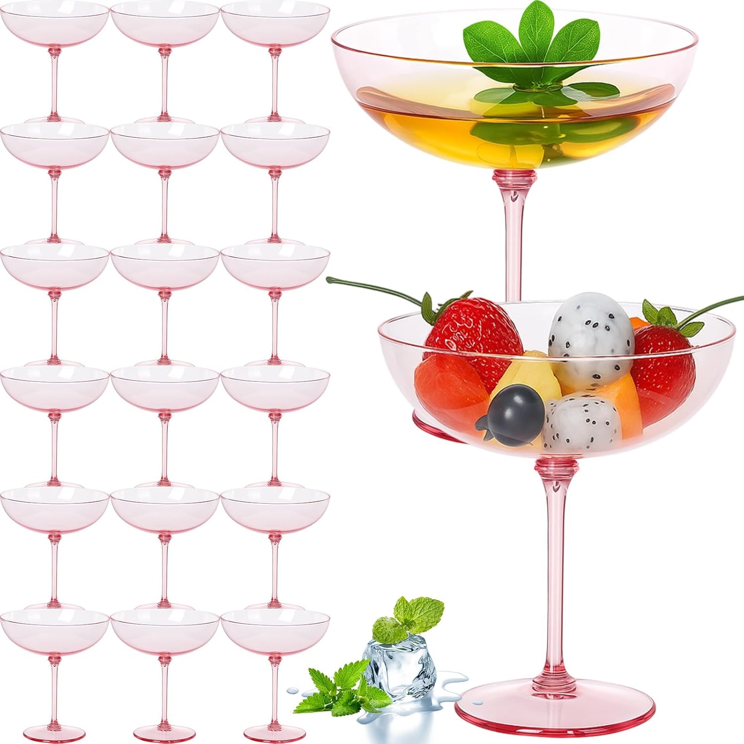 LemonRoad 24 Pcs Detachable Martini Glasses 9oz Disposable Plastic Coupe Cocktail Dessert Glassware Set for Champagne Wine Wedding Birthday Holiday Party Supplies (Pink)