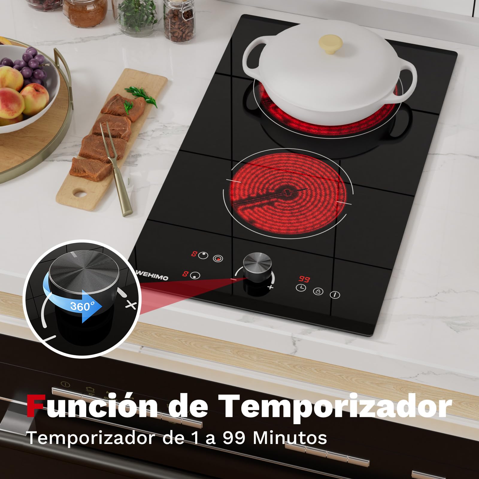 WEHIMO Placa Vitroceramica 2 Fuegos, 3400W, Control con Mandos Giratorios, Quemadores de Doble Corona, 9 Niveles de Potencia, Control Táctil, Seguridad para Niños, Temporizador de 1 a 99 Minutos