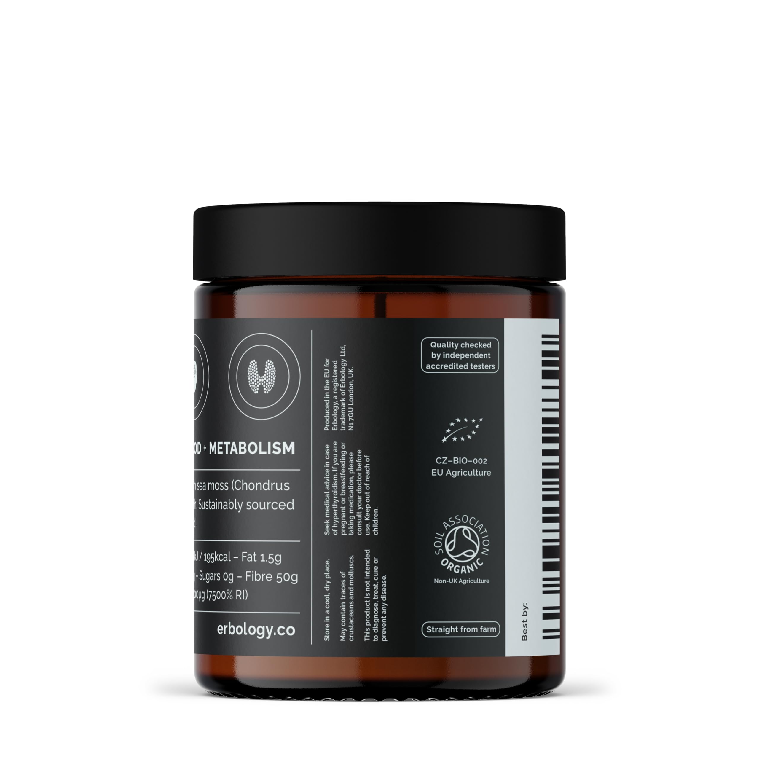 Erbology Poudre de mousse de mer irlandaise bio 90 g – 90 portions – Provenance durable en Irlande – Favorise le métabolisme et la santé de la peau – Riche en iode – Petit lot – Sans OGM