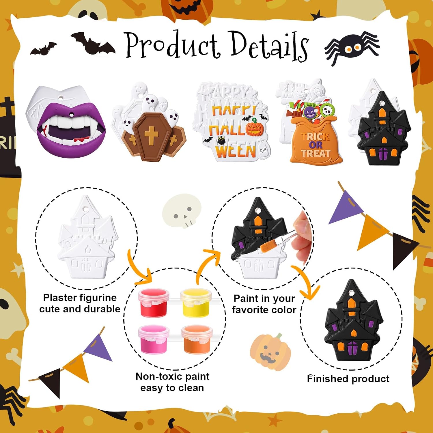 Seenelling 24 Sets DIY Painting Kits Paint Your Own Ceramics Monsters Ghost Unpainted Plaster Statues Arts and Crafts with Brush, Lanyard for Classroom Kid DIY Paint Craft Kit(Fun) image 4