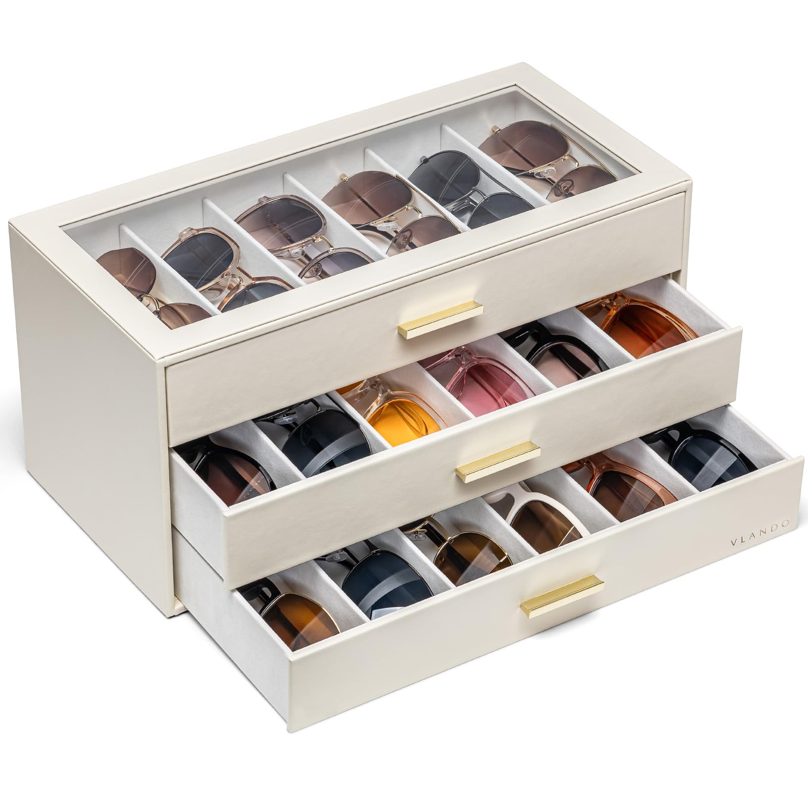 VLANDO 18-Slot Sunglasses Organizer Case with Clear Lid &amp; 3 Drawers,Beige