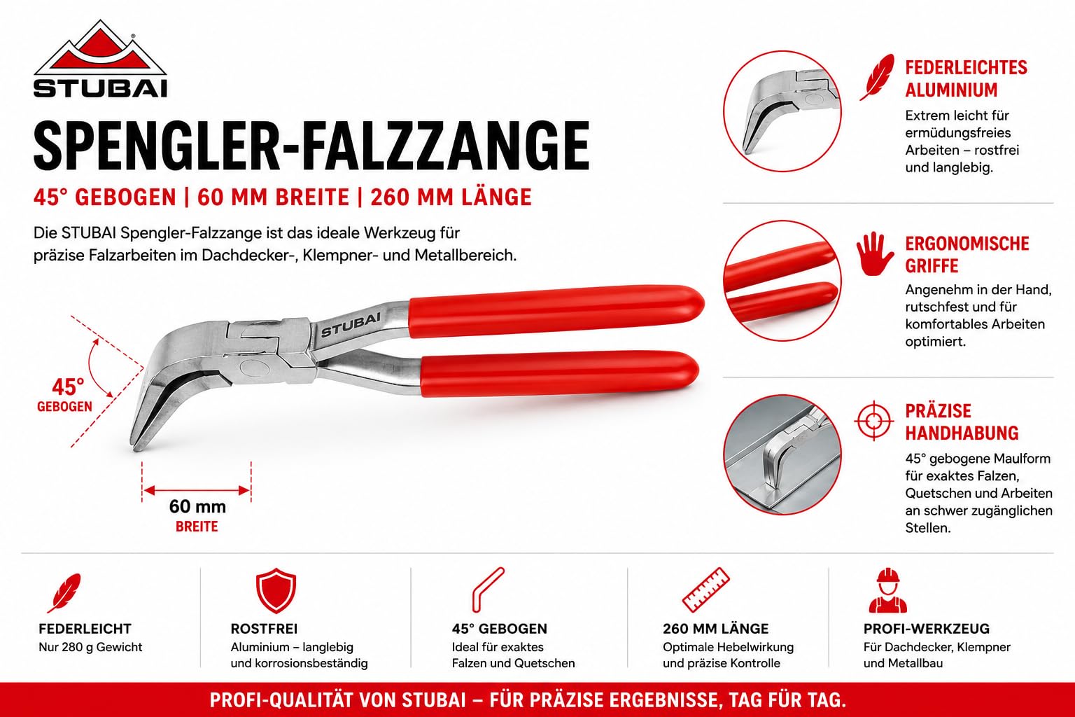 STUBAI szczypce składane do spenglera, lekko wygięte aluminium, szerokość szczęk 60 mm, długość 260 mm