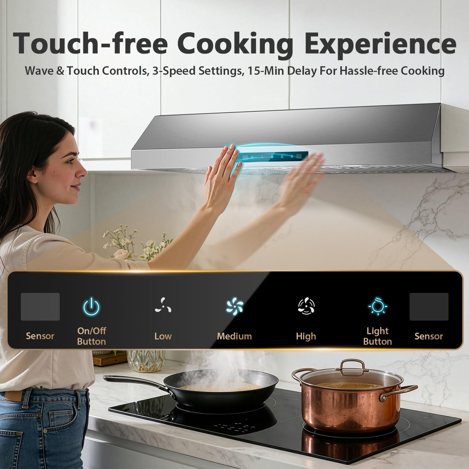 Range Hood 30 inch Under Cabinet, 800 CFM Stainless Steel Range Hood with Gesture and Touch Control, kitchen hood with Carbon Filter, 3 Fan Speed, Ducted/Ductless Convertible - 5