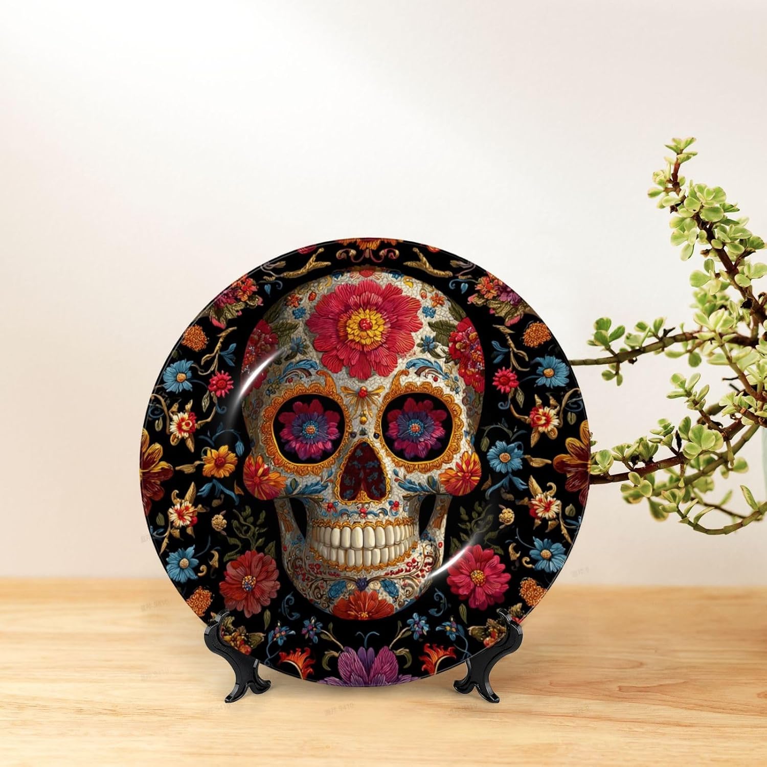 Bone China Decorative Plate with Display Sugar Skulls Ceramic Plates Crafts Art Decor Dessert Plate Ceramic Ornament Porcelain Plates for Living Room Kitchen Table Home Decor