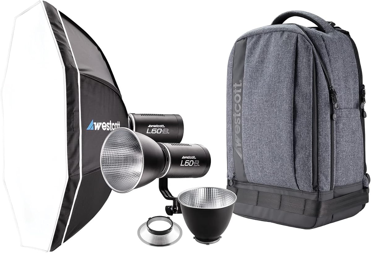 Westcott L60-B Bi-Color COB LED 2-Light Backpack Kit with Rapid Box Octa-S, 2 Ultra Reflectors, 9 FX Modes, 97+ CRI, 98+ TLC, 15,000 Lux at 1meter for Photography & Video Lighting | 2 Ultra Reflectors for Photography, Rapid Box Octa-S, 97+ CRI, 98+ TLC